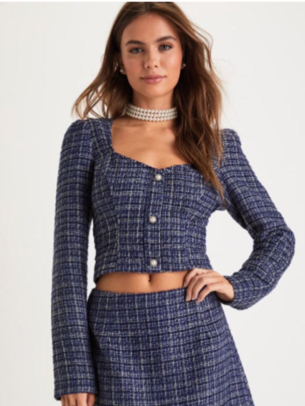 Lulu's Executive Aesthetic Shiny Navy Blue Pearl Tweed Long Sleeve Top Size XL